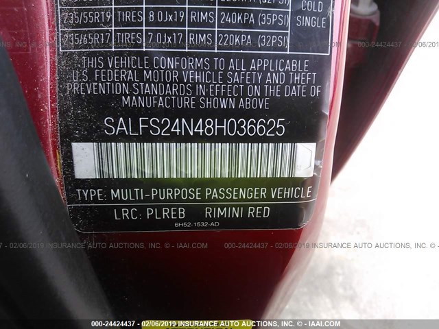 SALFS24N48H036625 - 2008 LAND ROVER LR2 SE TECHNOLOGY RED photo 9