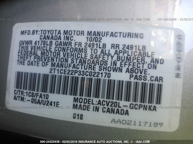 2T1CE22P33C022170 - 2003 TOYOTA CAMRY SOLARA SE SILVER photo 9