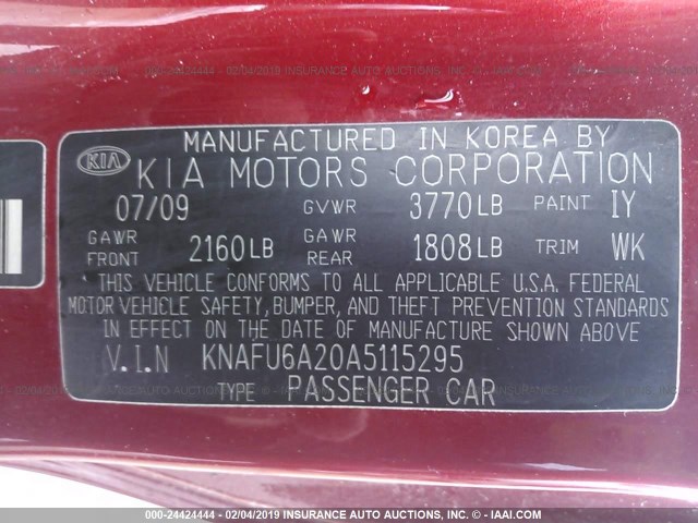 KNAFU6A20A5115295 - 2010 KIA FORTE EX RED photo 9