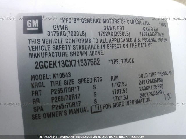 2GCEK13CX71537582 - 2007 CHEVROLET SILVERADO K1500 CREW CAB WHITE photo 9