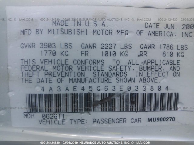 4A3AE45G63E033804 - 2003 MITSUBISHI ECLIPSE SPYDER GS WHITE photo 9