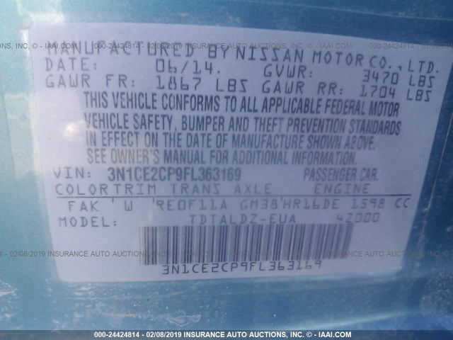 3N1CE2CP9FL363169 - 2015 NISSAN VERSA NOTE S/S PLUS/SV/SL/SR BLUE photo 9