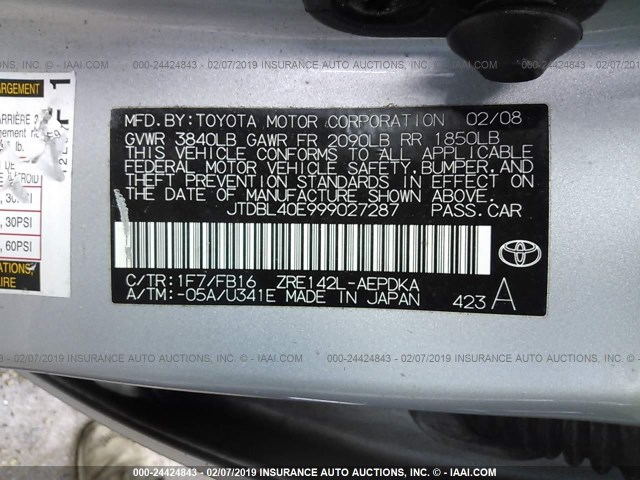 JTDBL40E999027287 - 2009 TOYOTA COROLLA LE/XLE SILVER photo 9