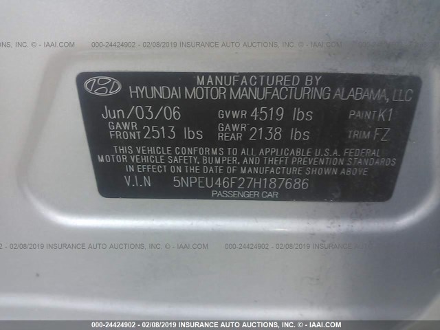 5NPEU46F27H187686 - 2007 HYUNDAI SONATA SE/LIMITED SILVER photo 9