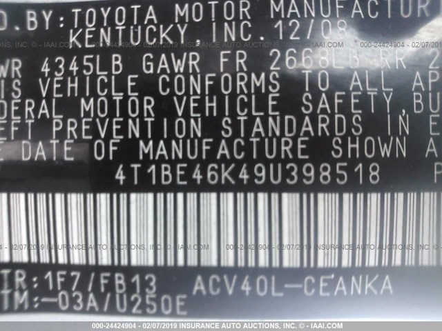 4T1BE46K49U398518 - 2009 TOYOTA CAMRY SE/LE/XLE 银色 照片 9