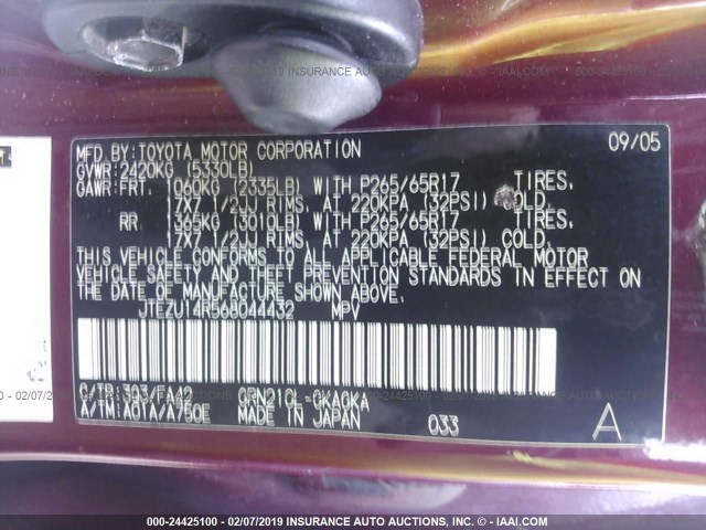 JTEZU14R568044432 - 2006 TOYOTA 4RUNNER SR5/SPORT MAROON photo 9