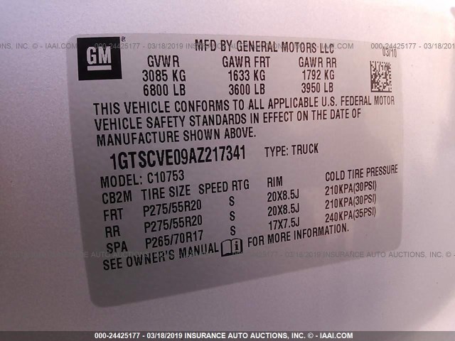 1GTSCVE09AZ217341 - 2010 GMC SIERRA C1500 SLE SILVER photo 9