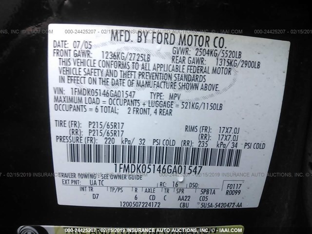 1FMDK05146GA01547 - 2006 FORD FREESTYLE SEL BLACK photo 9