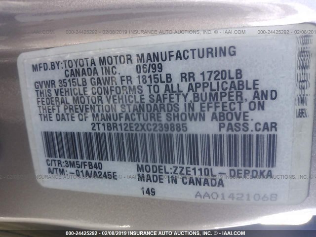 2T1BR12E2XC239885 - 1999 TOYOTA COROLLA VE/CE/LE BEIGE photo 9