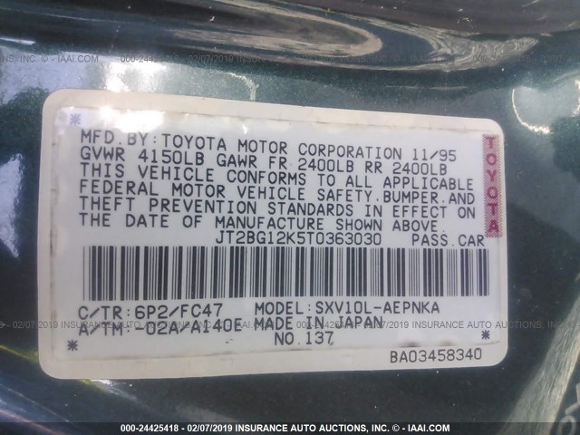 JT2BG12K5T0363030 - 1996 TOYOTA CAMRY DX/LE/XLE GREEN photo 9