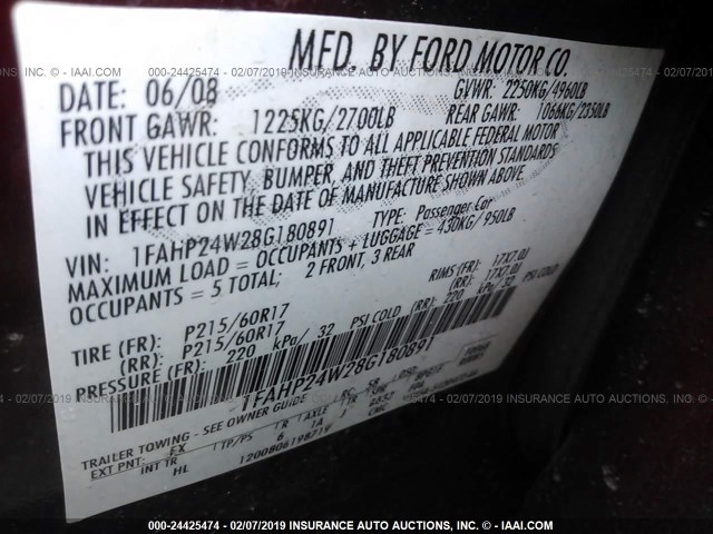 1FAHP24W28G180891 - 2008 FORD TAURUS SEL MAROON photo 9