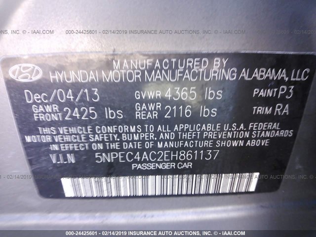 5NPEC4AC2EH861137 - 2014 HYUNDAI SONATA SE/LIMITED GRAY photo 9