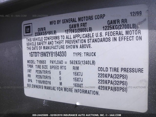 1GTDT19W2Y8184330 - 2000 GMC SONOMA SILVER photo 9