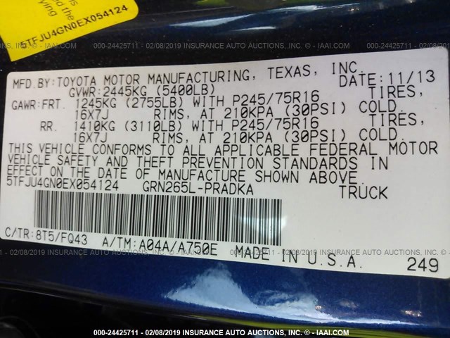 5TFJU4GN0EX054124 - 2014 TOYOTA TACOMA DOUBLE CAB PRERUNNER BLUE photo 9