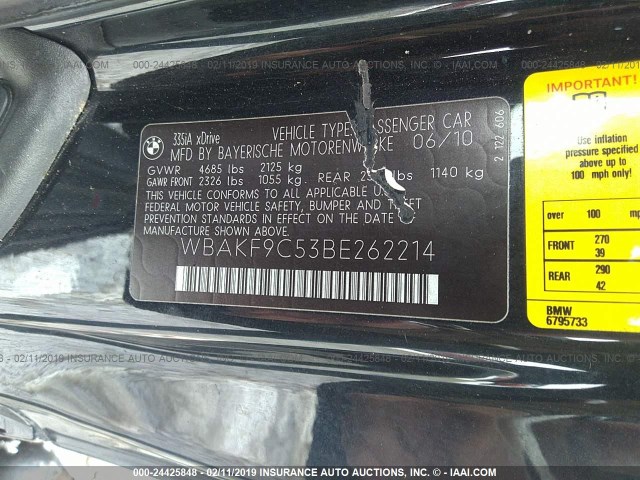 WBAKF9C53BE262214 - 2011 BMW 335 XI BLACK photo 9