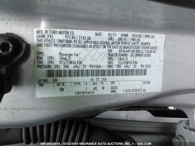 1FAHP3K29CL120919 - 2012 FORD FOCUS SE SILVER photo 9