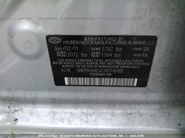 5NPDH4AEXCH074688 - 2012 HYUNDAI ELANTRA GLS/LIMITED SILVER photo 9