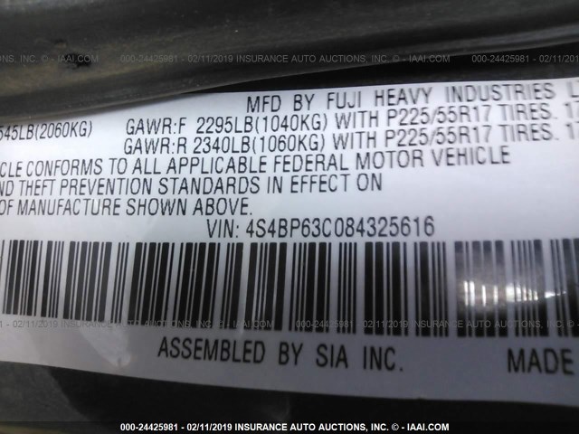 4S4BP63C084325616 - 2008 SUBARU OUTBACK 2.5XT LIMITED GRAY photo 9