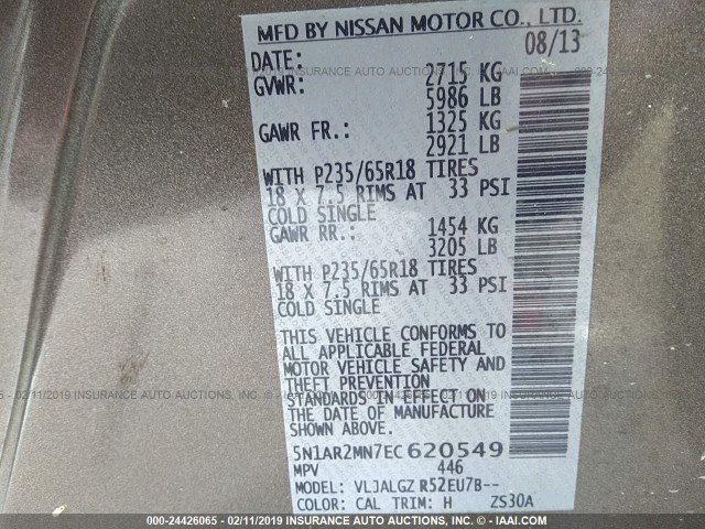 5N1AR2MN7EC620549 - 2014 NISSAN PATHFINDER S/SV/SL/PLATINUM BROWN photo 9