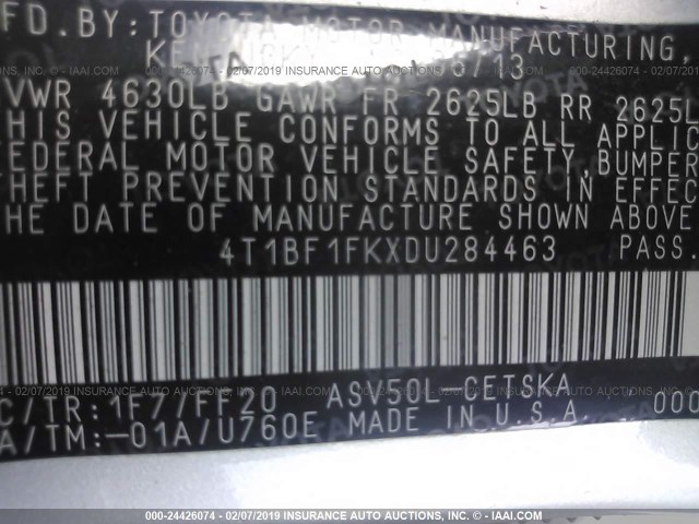 4T1BF1FKXDU284463 - 2013 TOYOTA CAMRY L/SE/LE/XLE 银色 照片 9