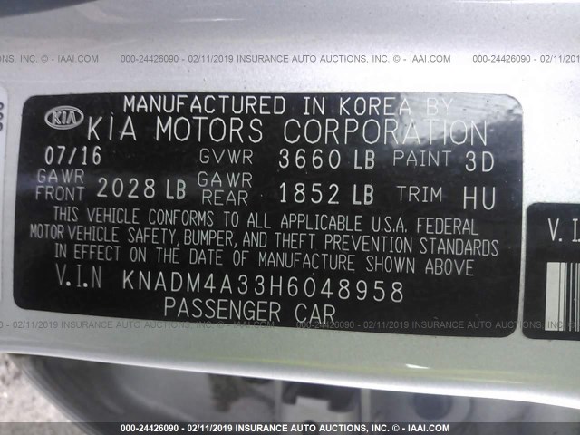 KNADM4A33H6048958 - 2017 KIA RIO LX SILVER photo 9