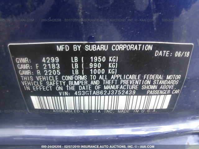 4S3GTAB62J3752439 - 2018 SUBARU IMPREZA PREMIUM BLUE photo 9