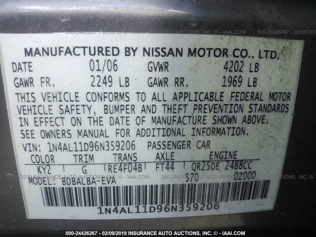 1N4AL11D96N359206 - 2006 NISSAN ALTIMA S/SL BLUE photo 9