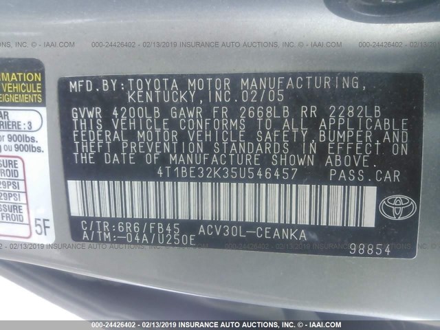 4T1BE32K35U546457 - 2005 TOYOTA CAMRY LE/XLE/SE GREEN photo 9