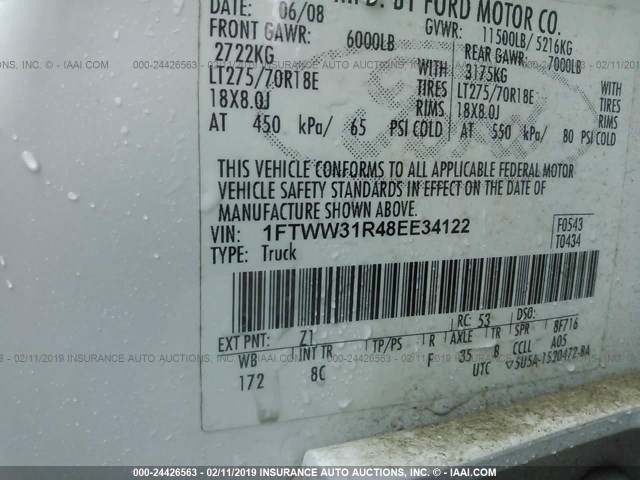 1FTWW31R48EE34122 - 2008 FORD F350 SRW SUPER DUTY WHITE photo 9