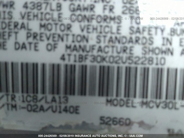 4T1BF30K02U522810 - 2002 TOYOTA CAMRY LE/XLE/SE SILVER photo 9