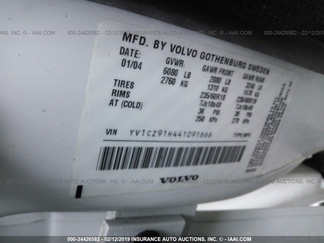 YV1CZ91H441091666 - 2004 VOLVO XC90 T6 WHITE photo 9