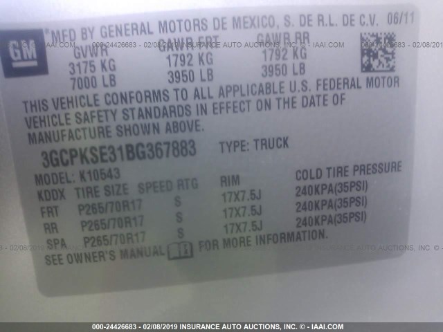 3GCPKSE31BG367883 - 2011 CHEVROLET SILVERADO K1500 LT SILVER photo 9