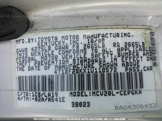 4T1BF28KX1U118572 - 2001 TOYOTA CAMRY LE/XLE SILVER photo 9