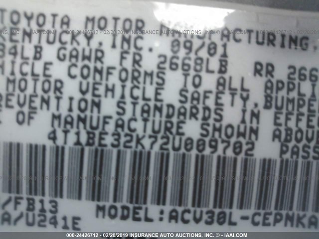 4T1BE32K72U009702 - 2002 TOYOTA CAMRY LE/XLE/SE SILVER photo 9