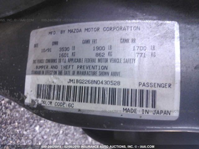 JM1BG2268N0430528 - 1992 MAZDA PROTEGE LX GRAY photo 9