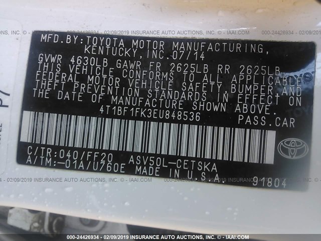 4T1BF1FK3EU848536 - 2014 TOYOTA CAMRY L/SE/LE/XLE 白色 照片 9