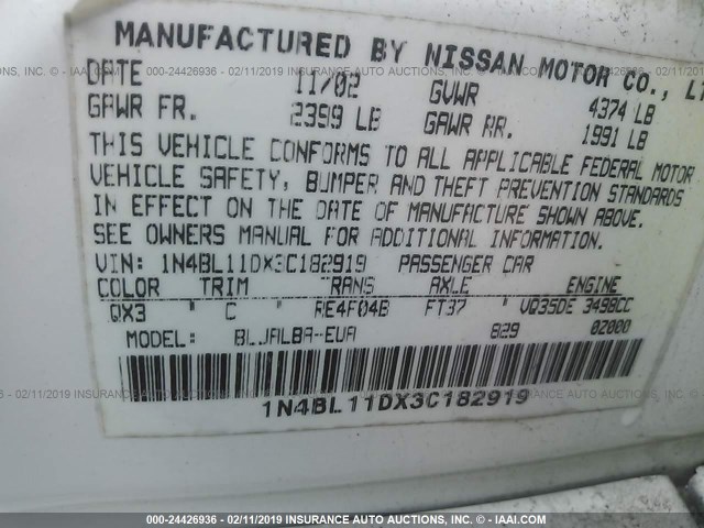 1N4BL11DX3C182919 - 2003 NISSAN ALTIMA SE WHITE photo 9