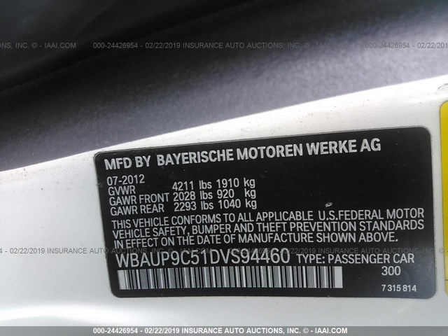 WBAUP9C51DVS94460 - 2013 BMW 128 I WHITE photo 9