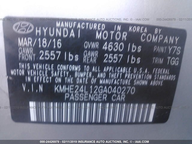 KMHE24L12GA040270 - 2016 HYUNDAI SONATA HYBRID/SE SILVER photo 9