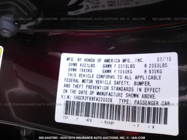 1HGCR2F89FA230006 - 2015 HONDA ACCORD EXL MAROON photo 9