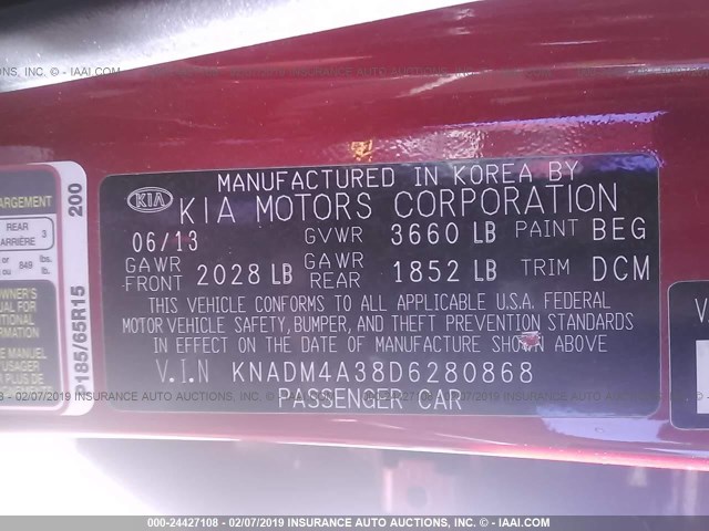 KNADM4A38D6280868 - 2013 KIA RIO LX RED photo 9