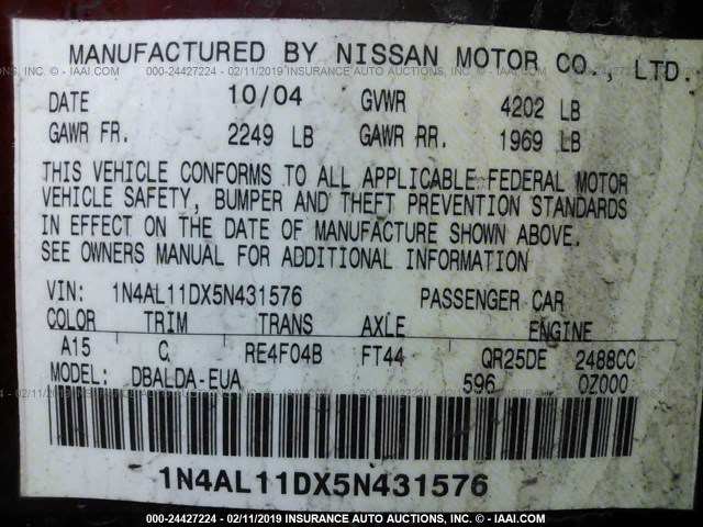 1N4AL11DX5N431576 - 2005 NISSAN ALTIMA S/SL MAROON photo 9