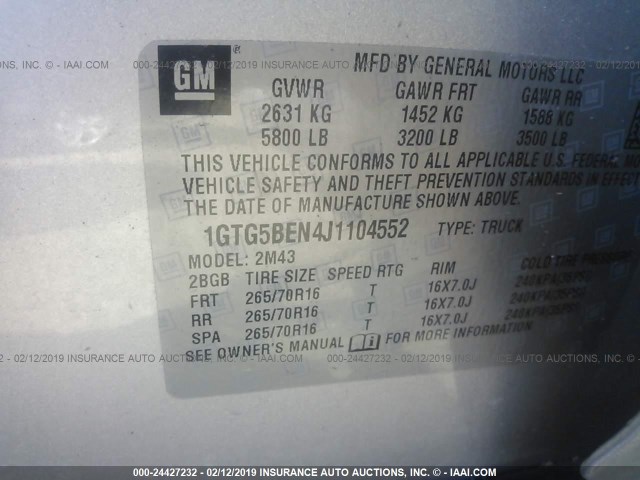 1GTG5BEN4J1104552 - 2018 GMC CANYON SILVER photo 9