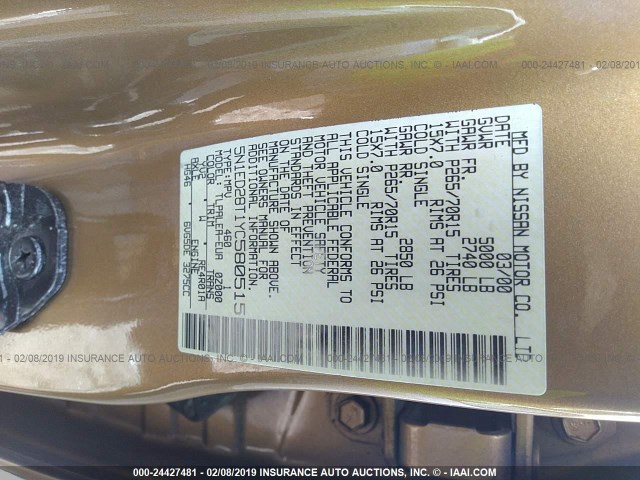 5N1ED28T1YC580515 - 2000 NISSAN XTERRA XE/SE GOLD photo 9