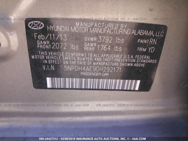 5NPDH4AE9DH292171 - 2013 HYUNDAI ELANTRA GLS/LIMITED GRAY photo 9