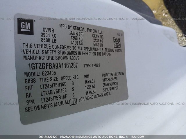 1GTZGFBA9A1161387 - 2010 GMC SAVANA G2500 WHITE photo 9