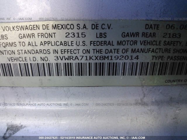 3VWRA71KX8M192014 - 2008 VOLKSWAGEN JETTA WOLFSBURG 银色 照片 9