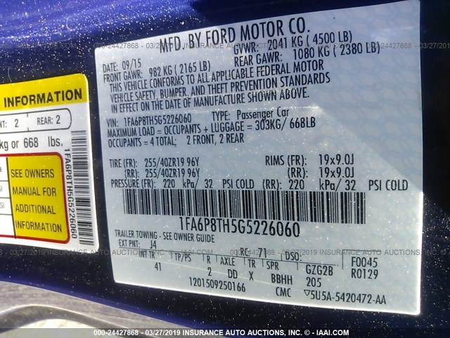 1FA6P8TH5G5226060 - 2016 FORD MUSTANG Mavi fotoğraf 9