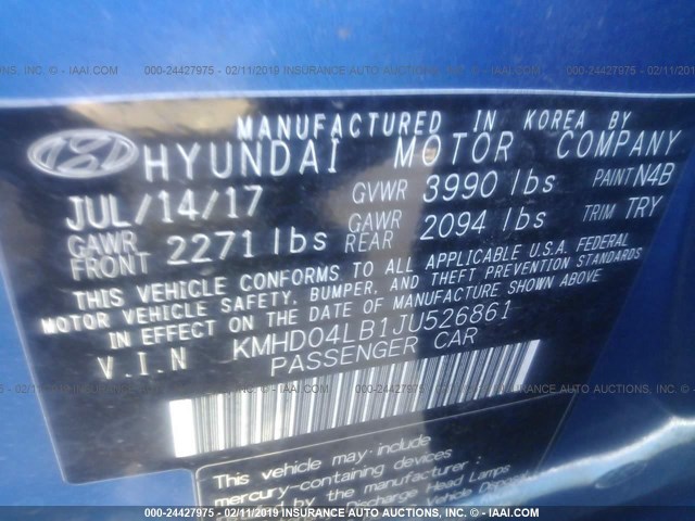 KMHD04LB1JU526861 - 2018 HYUNDAI ELANTRA SPORT BLUE photo 9