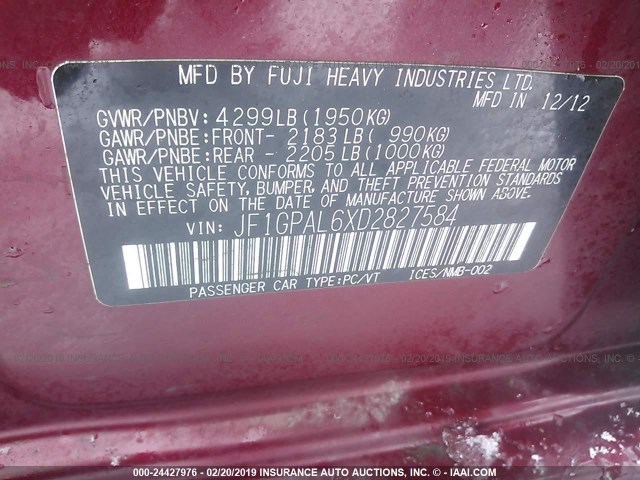 JF1GPAL6XD2827584 - 2013 SUBARU IMPREZA SPORT PREMIUM MAROON photo 9